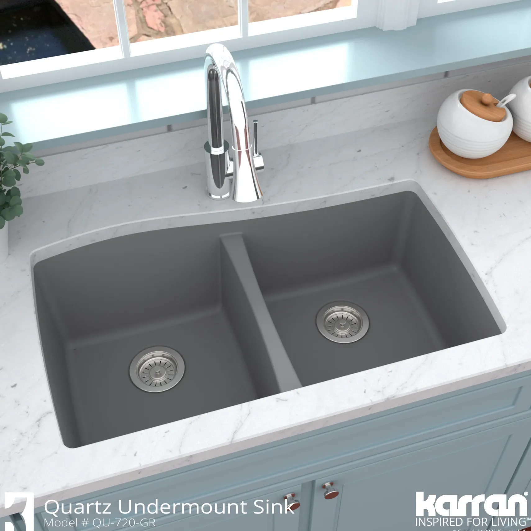 Karran 34" Undermount Quartz Composite Kitchen Sink with Accessories, 50/50 Double Bowl, Grey, QU-720-GR-PK1