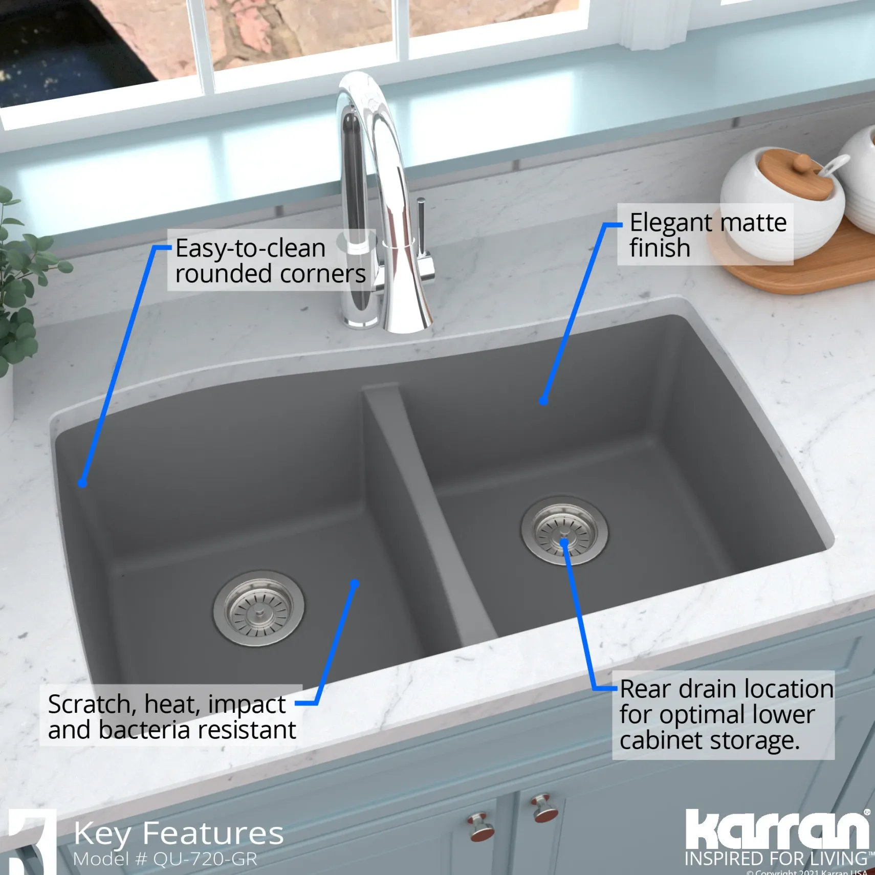 Karran 34" Undermount Quartz Composite Kitchen Sink with Accessories, 50/50 Double Bowl, Grey, QU-720-GR-PK1
