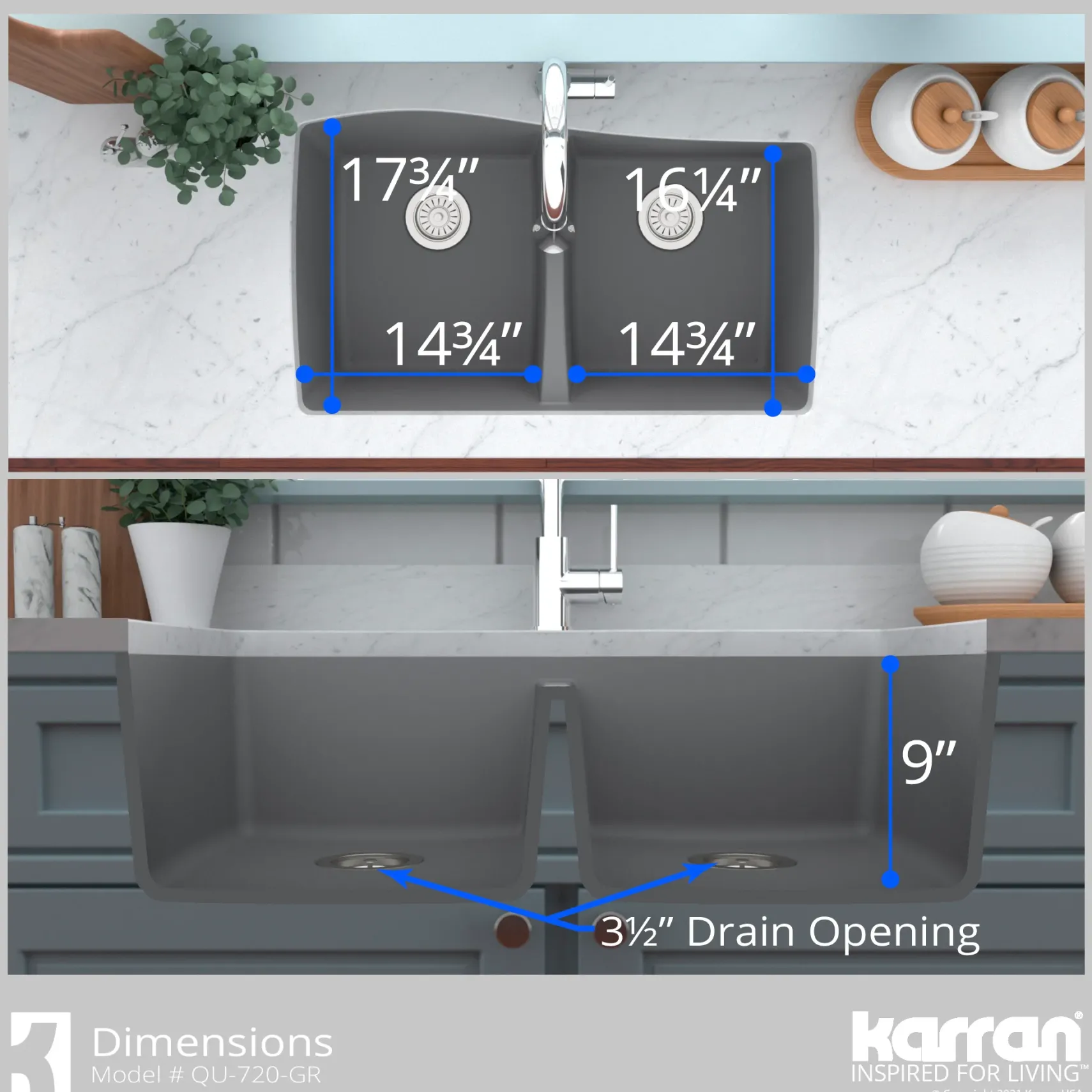 Karran 34" Undermount Quartz Composite Kitchen Sink with Accessories, 50/50 Double Bowl, Grey, QU-720-GR-PK1