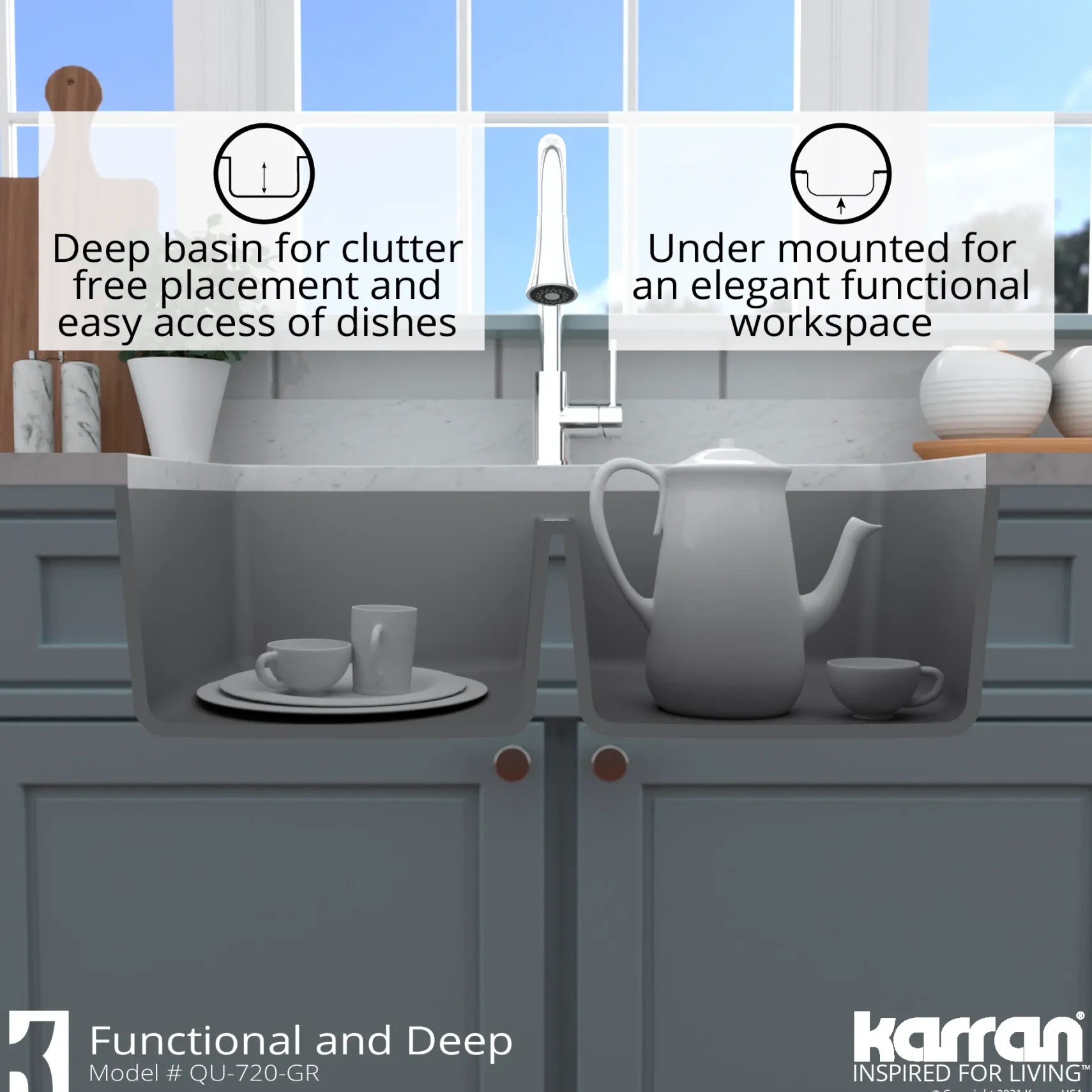 Karran 34" Undermount Quartz Composite Kitchen Sink with Accessories, 50/50 Double Bowl, Grey, QU-720-GR-PK1