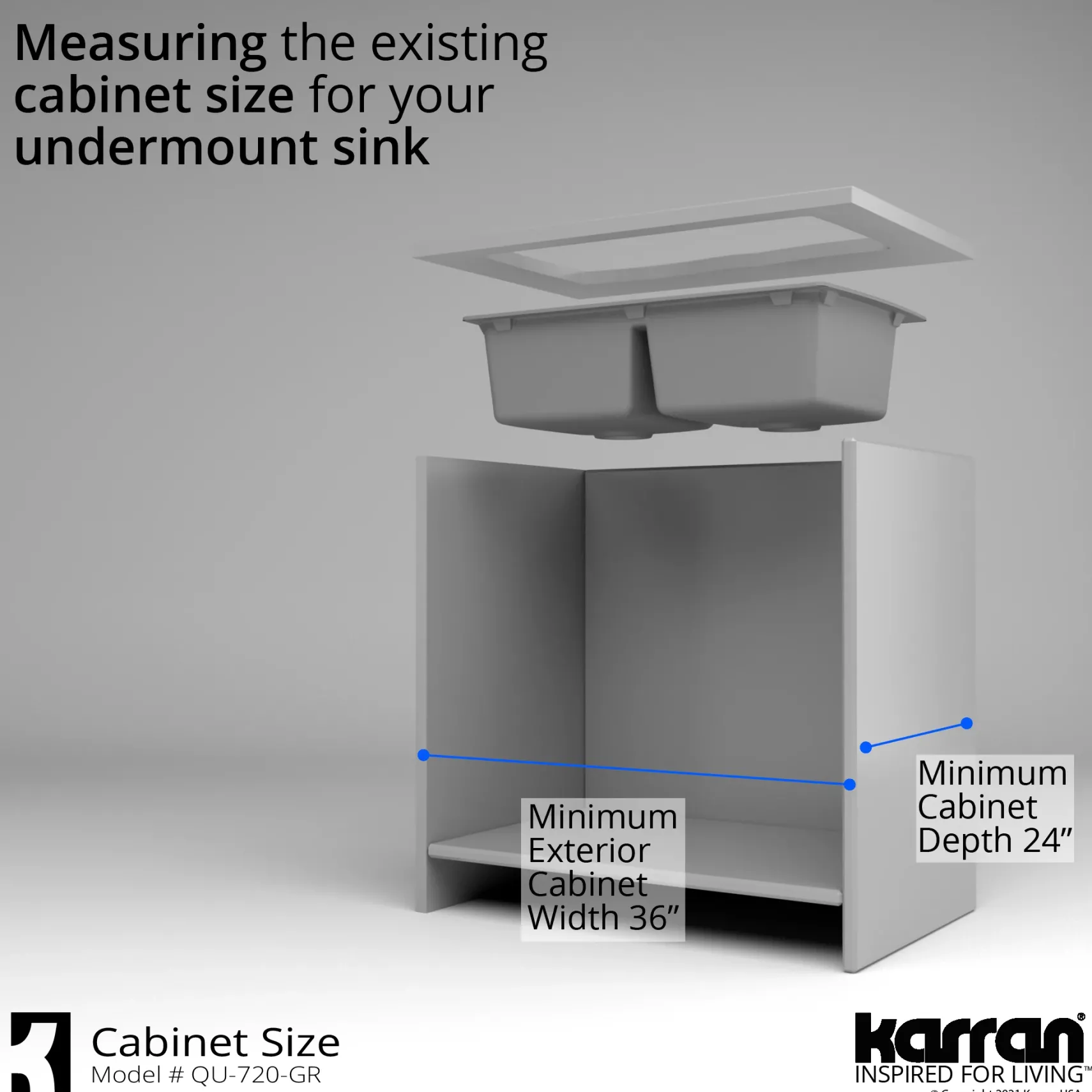 Karran 34" Undermount Quartz Composite Kitchen Sink with Accessories, 50/50 Double Bowl, Grey, QU-720-GR-PK1