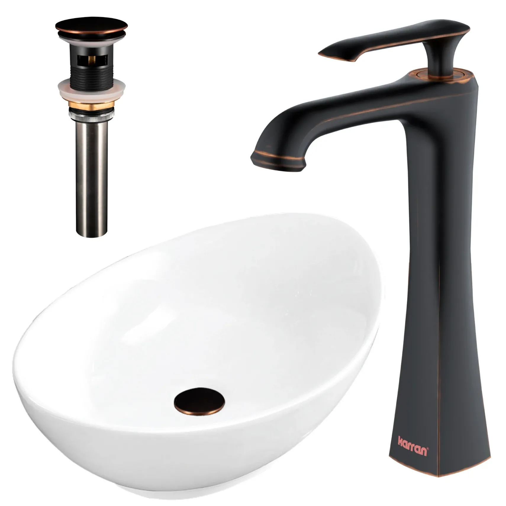 Karran 22.875" x 14.875" Oval Vessel Vitreous China ADA Bathroom Sink with Faucet and Accessories, White, VC301WH412ORB