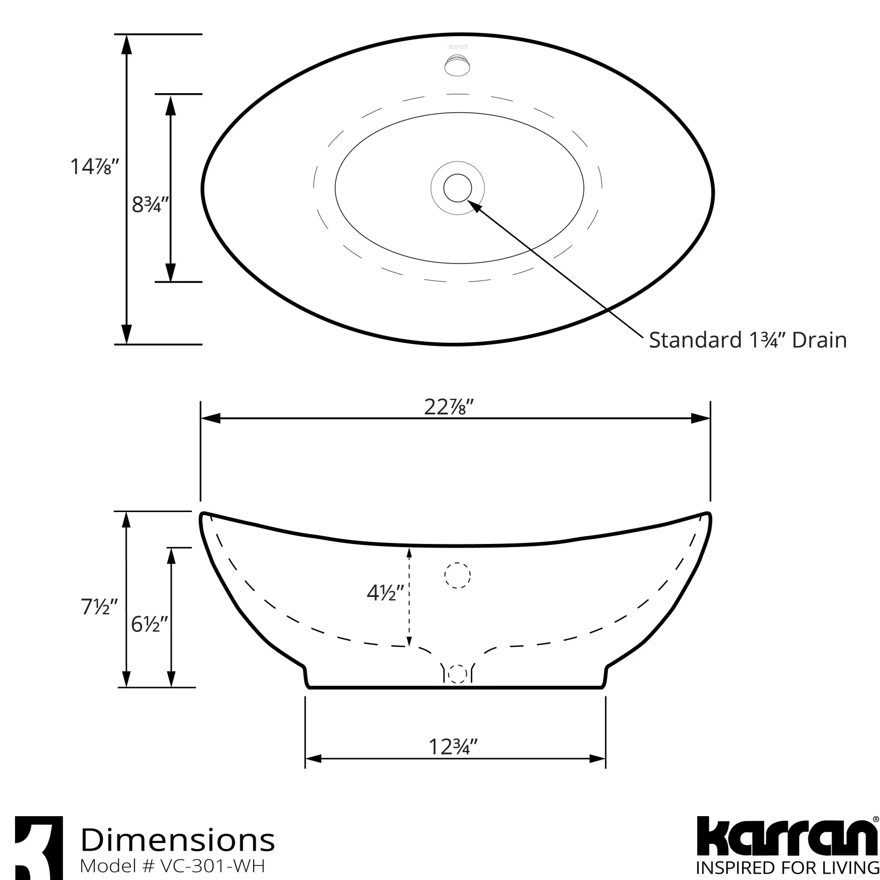 Karran 22.875" x 14.875" Oval Vessel Vitreous China ADA Bathroom Sink with Faucet and Accessories, White, VC301WH412ORB