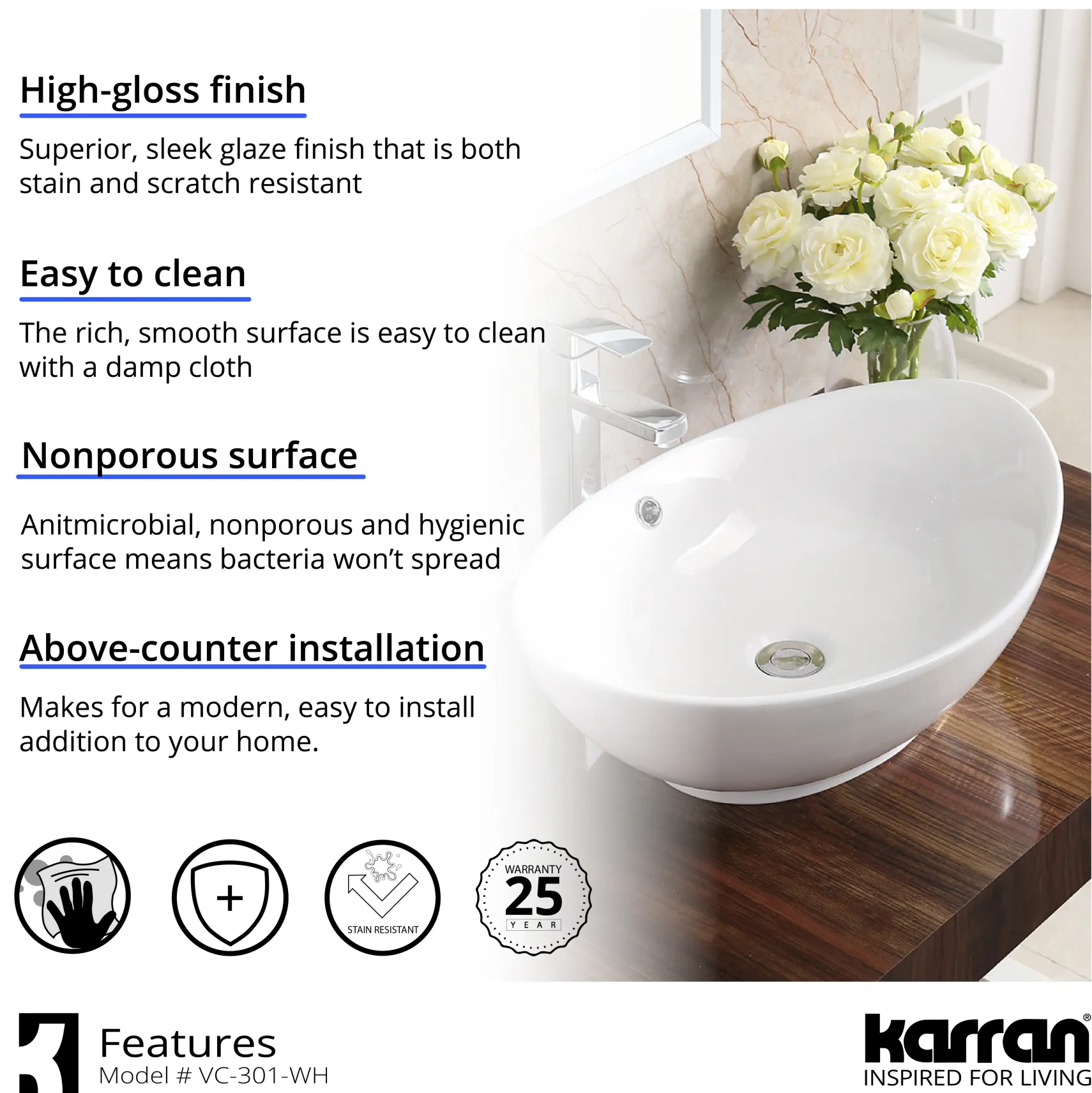 Karran 22.875" x 14.875" Oval Vessel Vitreous China ADA Bathroom Sink with Faucet and Accessories, White, VC301WH412ORB
