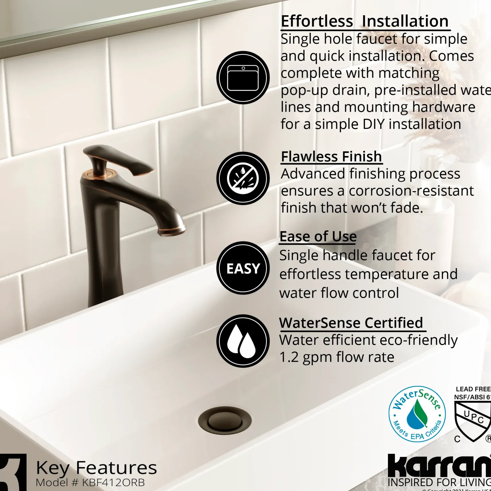 Karran 22.875" x 14.875" Oval Vessel Vitreous China ADA Bathroom Sink with Faucet and Accessories, White, VC301WH412ORB