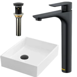 Karran 15.5" x 13" Rectangular Vessel Vitreous China ADA Bathroom Sink with Matte Black Faucet and Accessories, White, VC503WH422MB