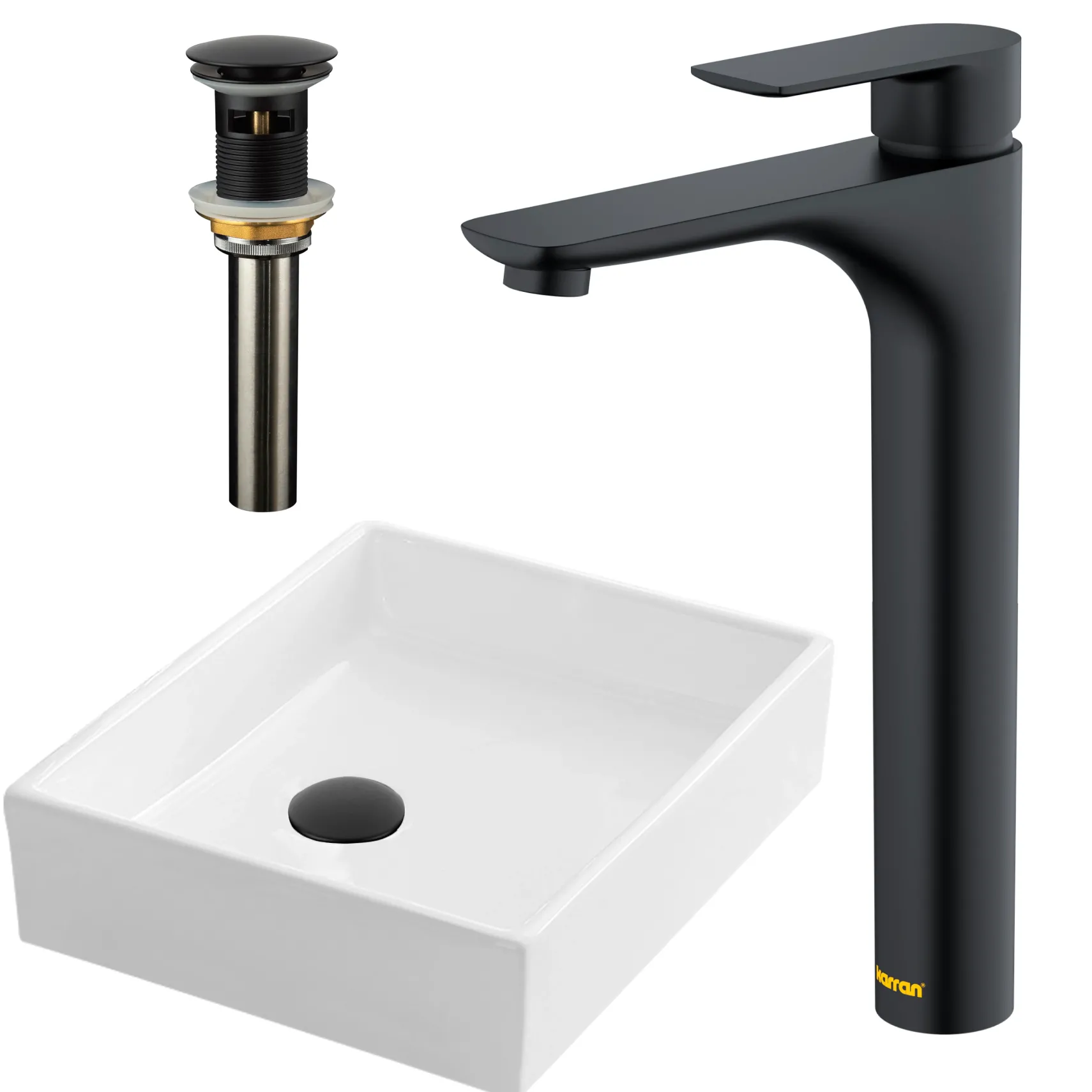 Karran 15.5" x 13" Rectangular Vessel Vitreous China ADA Bathroom Sink with Matte Black Faucet and Accessories, White, VC503WH422MB