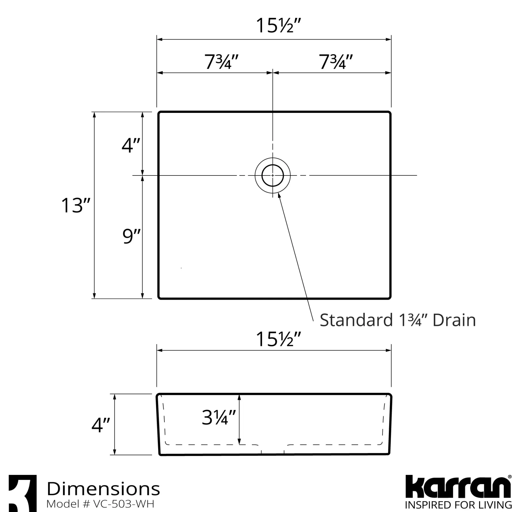 Karran 15.5" x 13" Rectangular Vessel Vitreous China ADA Bathroom Sink with Matte Black Faucet and Accessories, White, VC503WH422MB