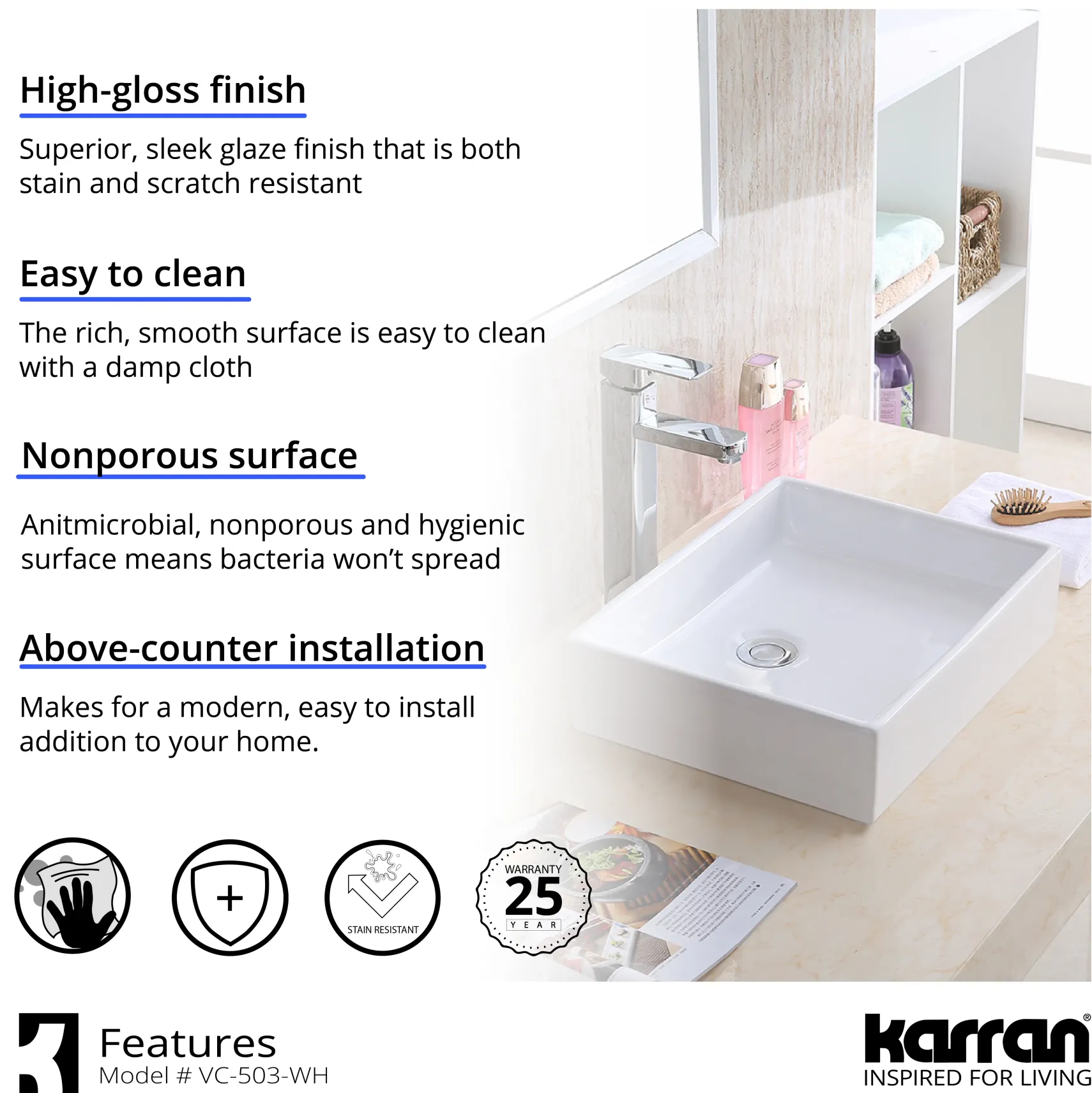 Karran 15.5" x 13" Rectangular Vessel Vitreous China ADA Bathroom Sink with Matte Black Faucet and Accessories, White, VC503WH422MB