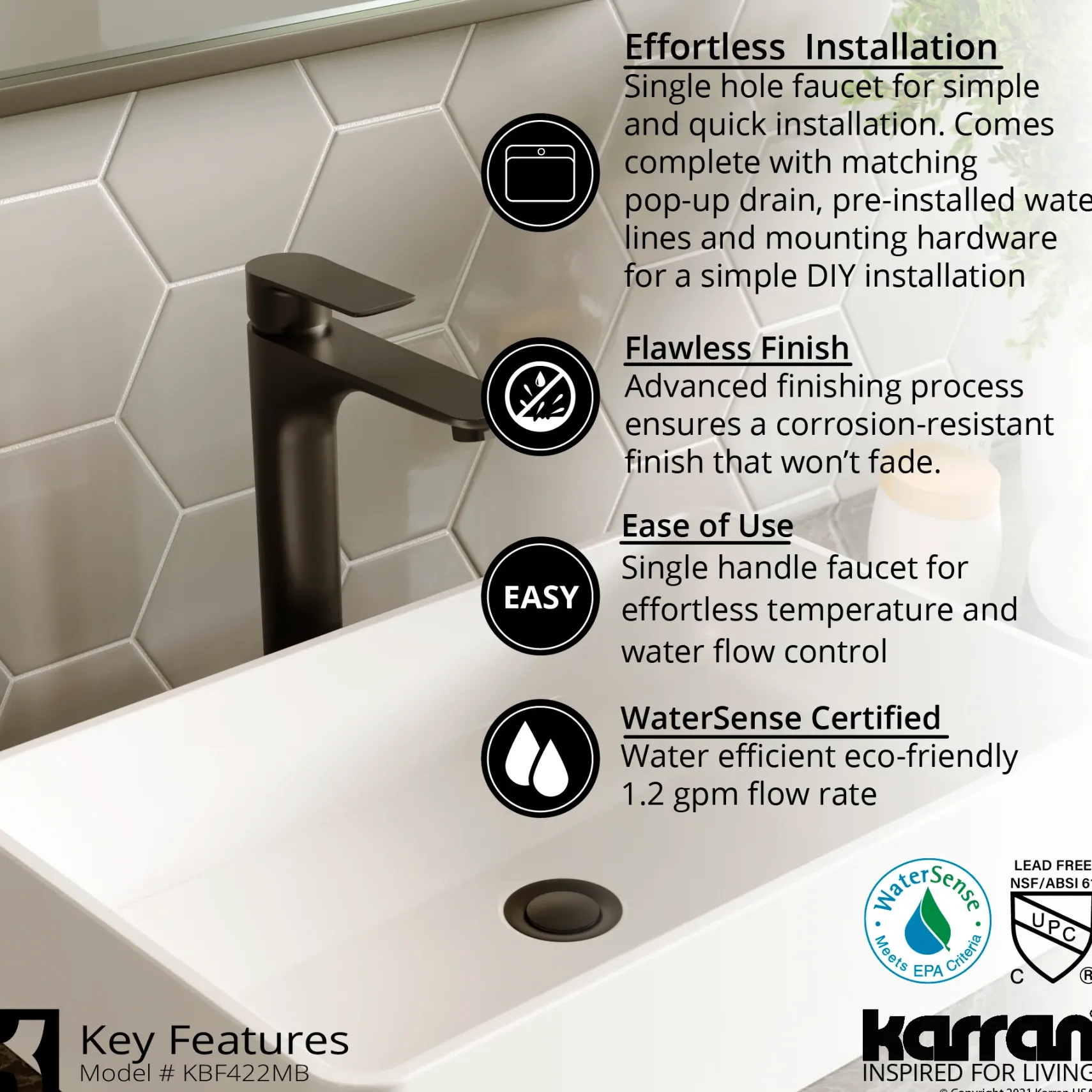 Karran 15.5" x 13" Rectangular Vessel Vitreous China ADA Bathroom Sink with Matte Black Faucet and Accessories, White, VC503WH422MB