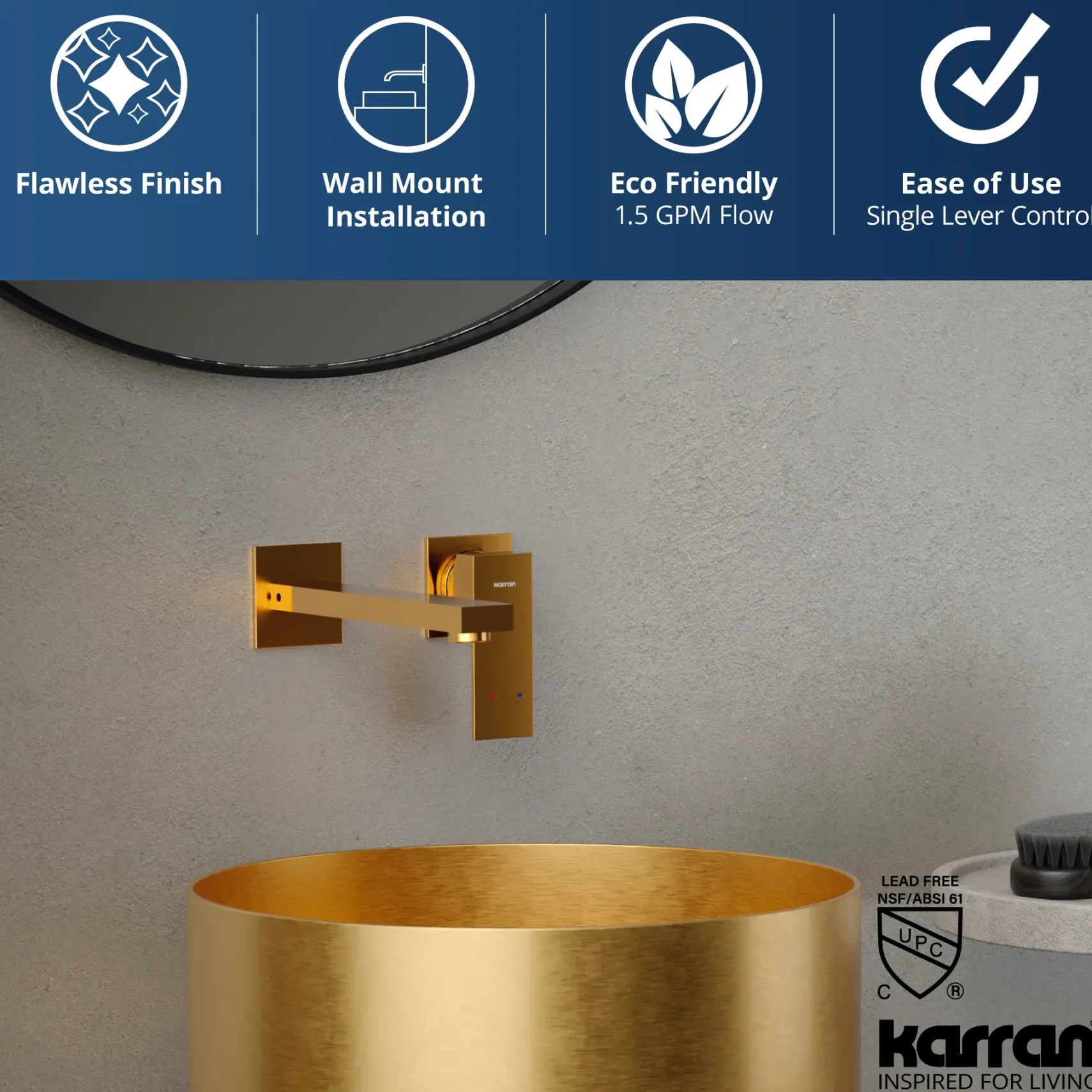 Karran Alberton 1.5 GPM Single Lever Handle Lead-free Brass ADA Bathroom Faucet, Wall Mounted, Gold, KBF620G