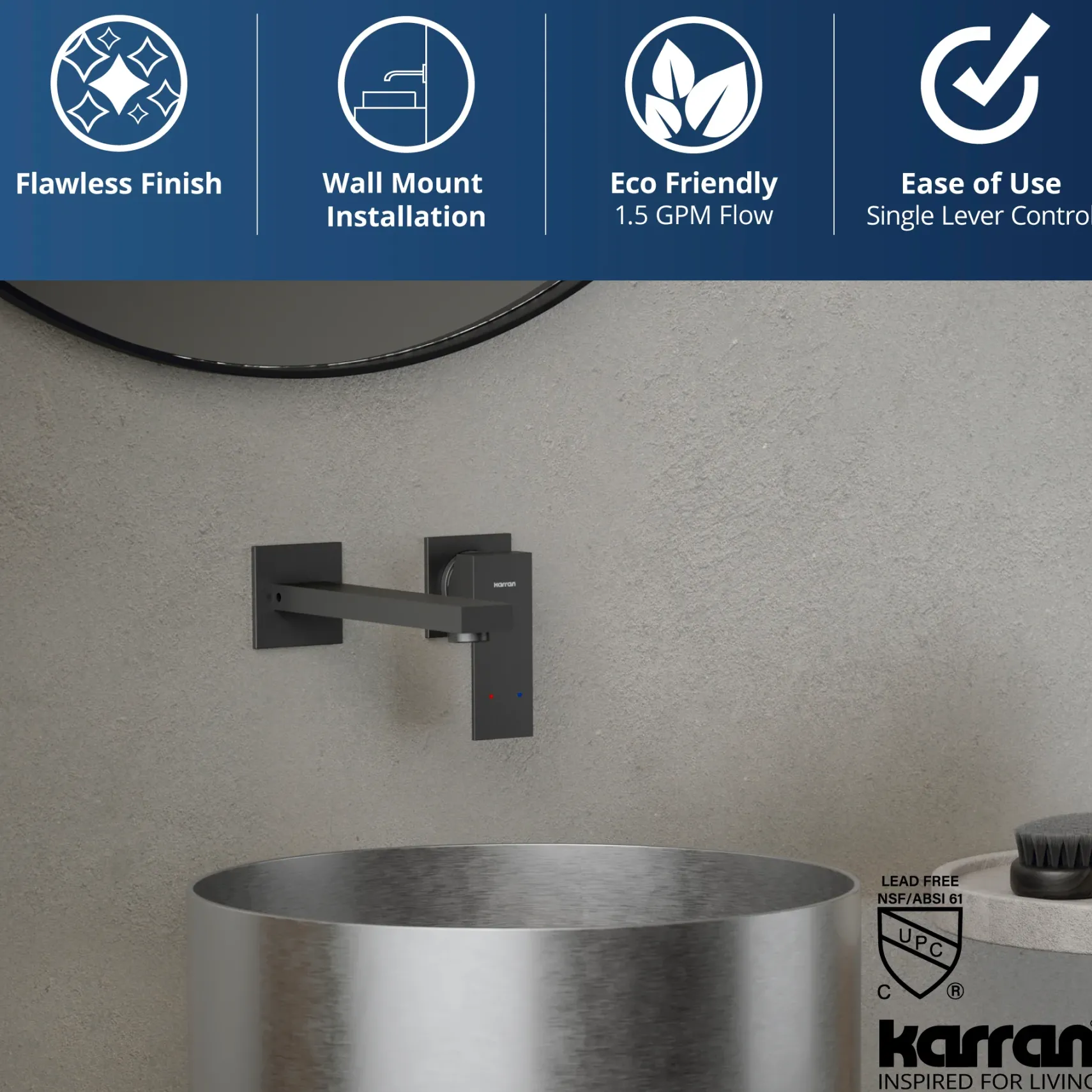 Karran Alberton 1.5 GPM Single Lever Handle Lead-free Brass ADA Bathroom Faucet, Wall Mounted, Gunmetal Grey, KBF620GG
