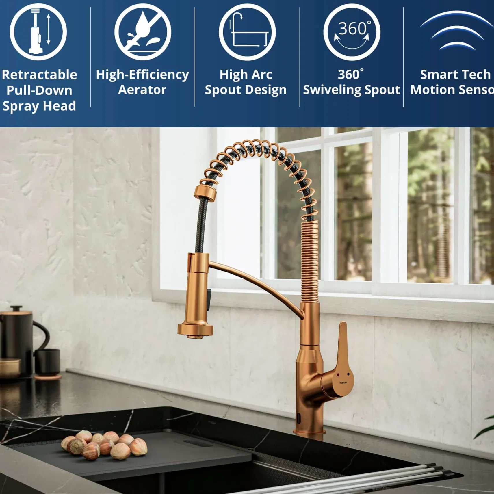 Karran Alston 1.8 GPM Single Lever Handle Lead-free Brass ADA Touchless Kitchen Faucet, Pull-Down, Brushed Copper, KKF215BC