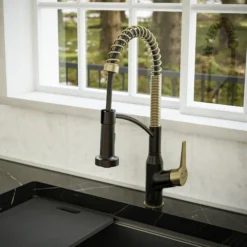 Karran Alston 1.8 GPM Single Lever Handle Lead-free Brass ADA Touchless Kitchen Faucet, Pull-Down, Matte Black & Brushed Gold, KKF215MBBG