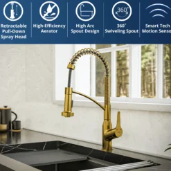 Karran Alston 1.8 GPM Single Lever Handle Lead-free Brass ADA Touchless Kitchen Faucet, Pull-Down, Gold, KKF215G