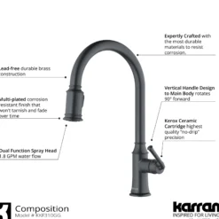 Karran Auburn 1.8 GPM Single Lever Handle Lead-free Brass ADA Kitchen Faucet, Pull-Down Kitchen, Gunmetal Grey, KKF310GG