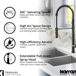 Karran Bluffton 1.8 GPM Single Lever Handle Lead-free Brass ADA Kitchen Faucet, Pull-Down Kitchen, Matte Black, KKF220SD35MB