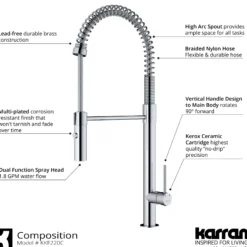 Karran Bluffton 1.8 GPM Single Lever Handle Lead-free Brass ADA Kitchen Faucet, Pull-Down Kitchen, Chrome, KKF220SD35C