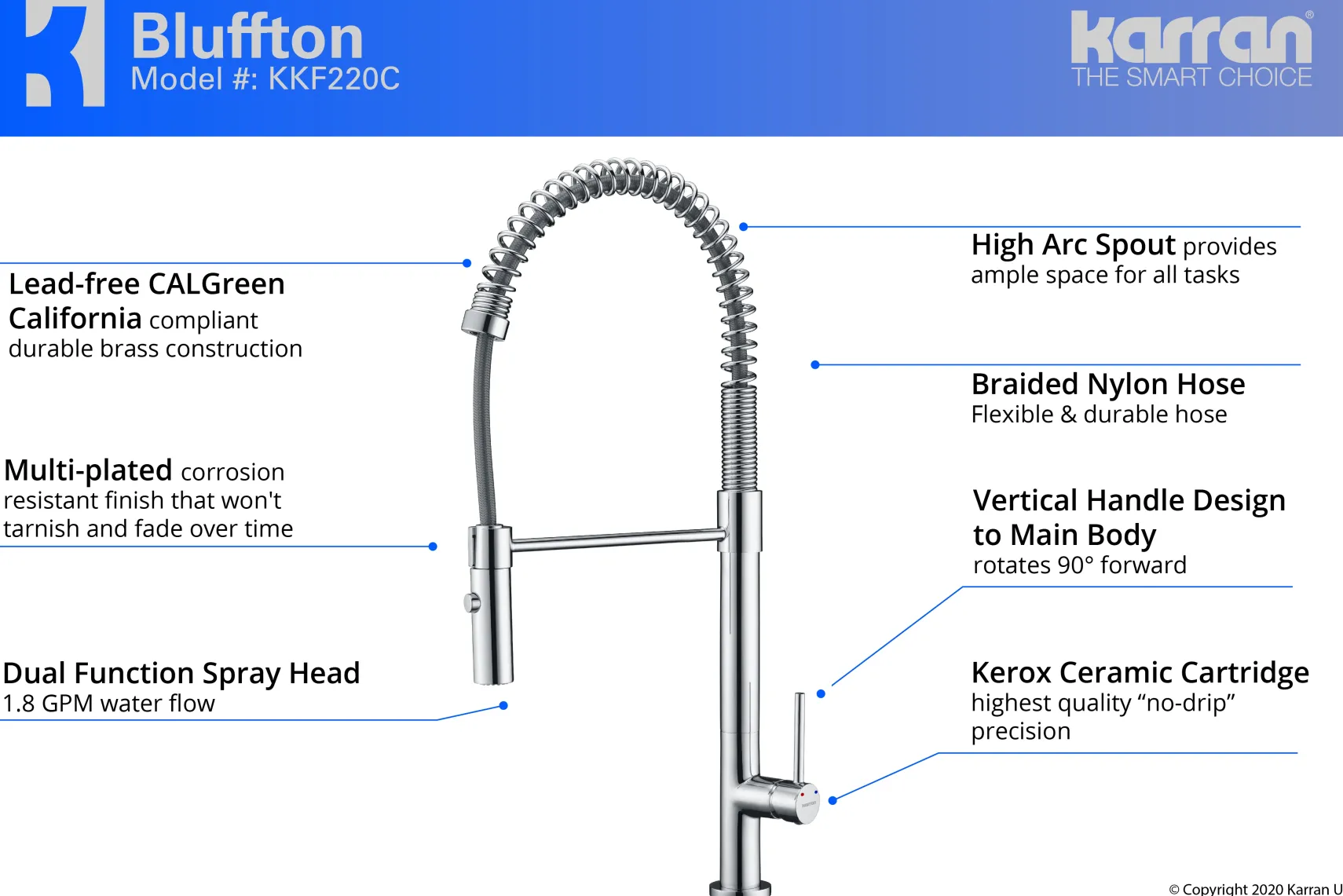 Karran Bluffton Single Lever Handle Lead-free Brass ADA Kitchen Faucet, Pull Down, Chrome, KKF220C