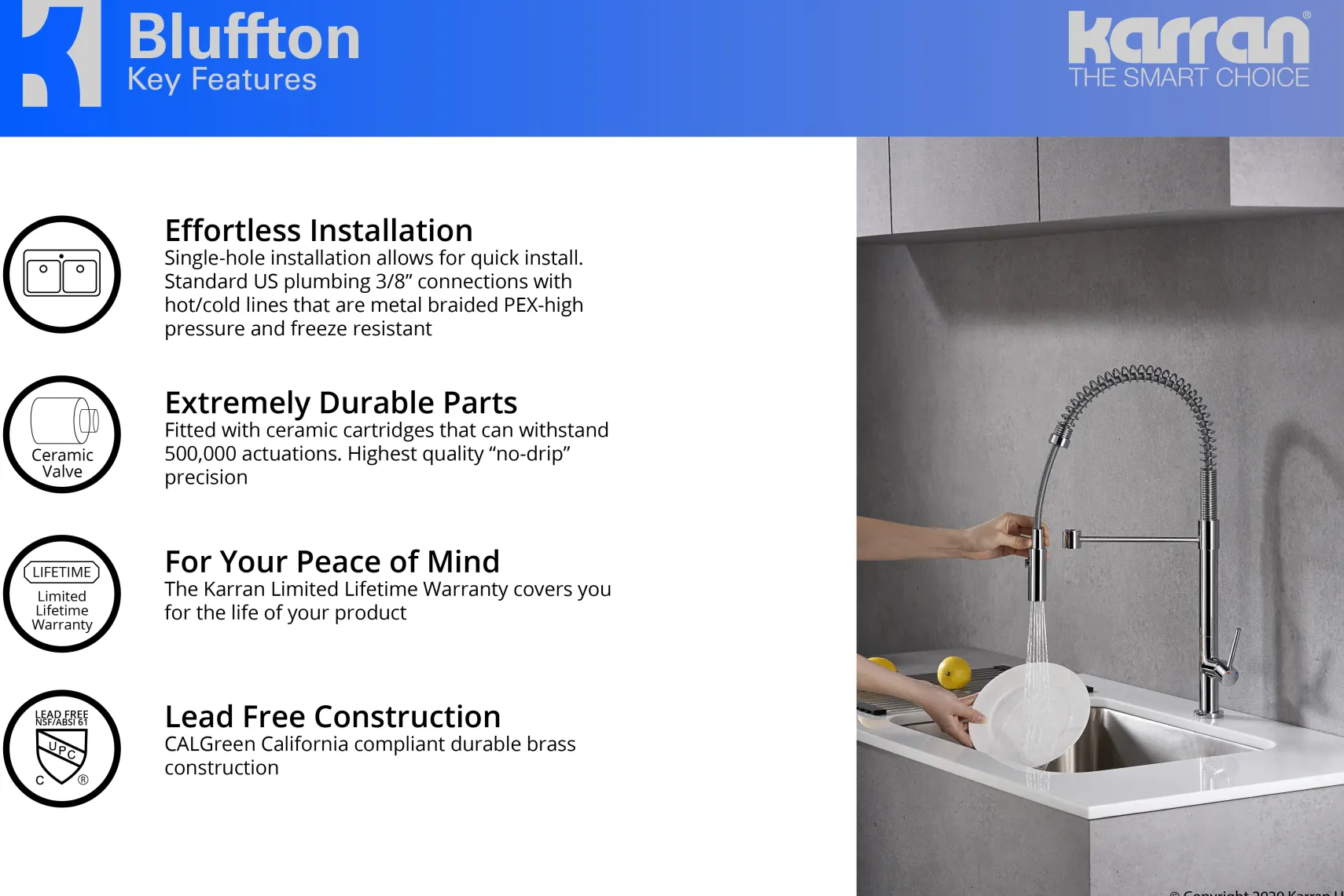 Karran Bluffton Single Lever Handle Lead-free Brass ADA Kitchen Faucet, Pull Down, Chrome, KKF220C