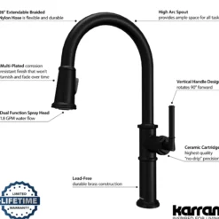 Karran Brampton 1.8 GPM Single Lever Handle Lead-free Brass ADA Kitchen Faucet, Pull-Down, Matte Black, KKF365MB