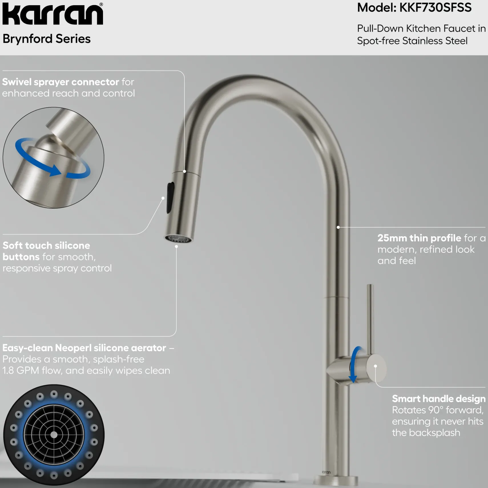 Karran Brynford 1.8 GPM Single Lever Lead-free Brass ADA Kitchen Faucet, Pull-Down, Spot Free Stainless Steel, KKF730SFSS