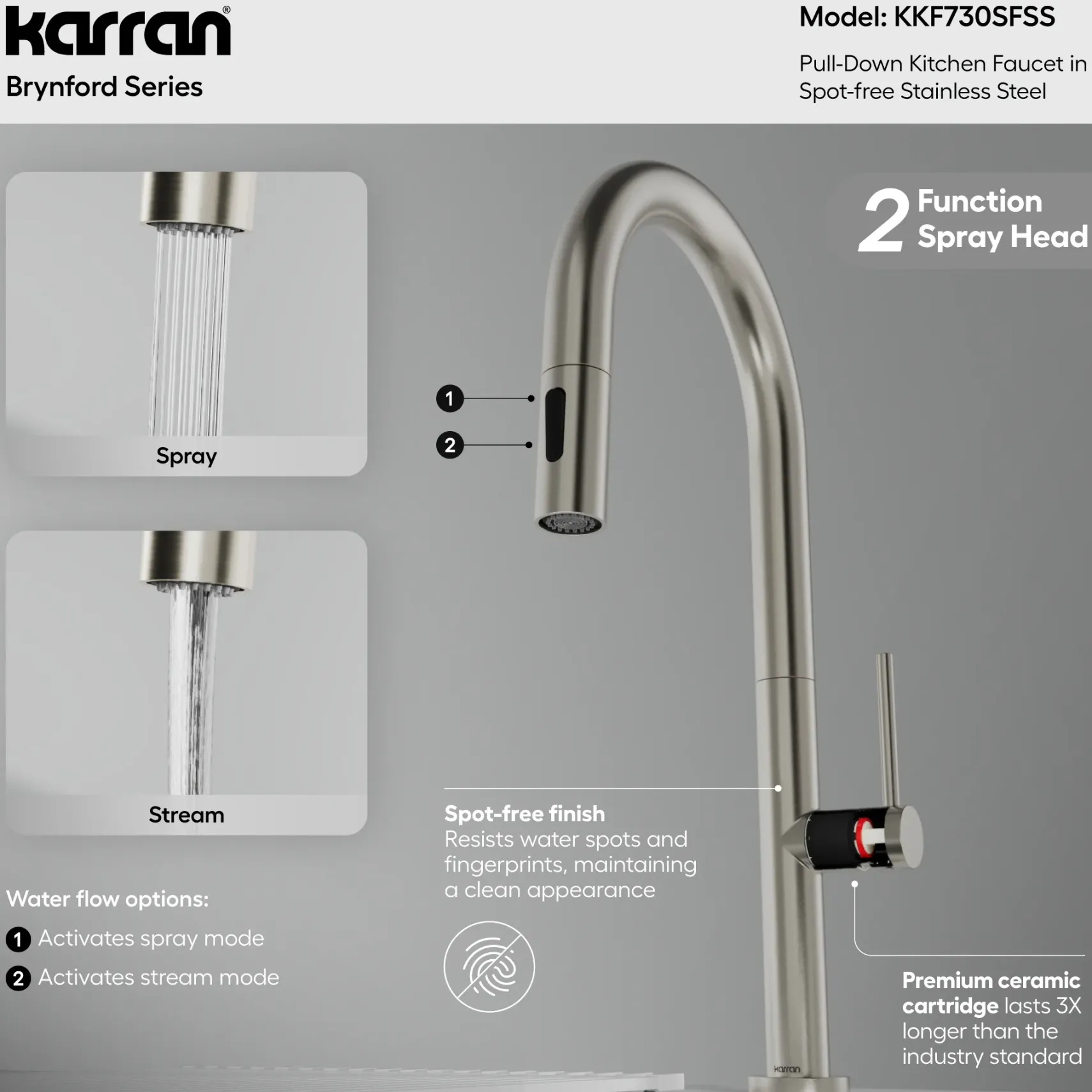 Karran Brynford 1.8 GPM Single Lever Lead-free Brass ADA Kitchen Faucet, Pull-Down, Spot Free Stainless Steel, KKF730SFSS