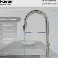 Karran Brynford 1.8 GPM Single Lever Lead-free Brass ADA Kitchen Faucet, Pull-Down, Spot Free Stainless Steel, KKF730SFSS