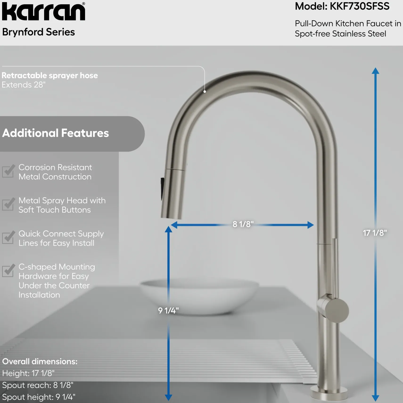 Karran Brynford 1.8 GPM Single Lever Lead-free Brass ADA Kitchen Faucet, Pull-Down, Spot Free Stainless Steel, KKF730SFSS