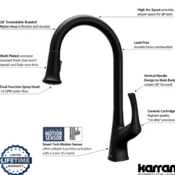 Karran Chantilly 1.8 GPM Single Lever Handle Lead-free Brass ADA Touchless Kitchen Faucet, Pull-Down, Matte Black, KKF375MB