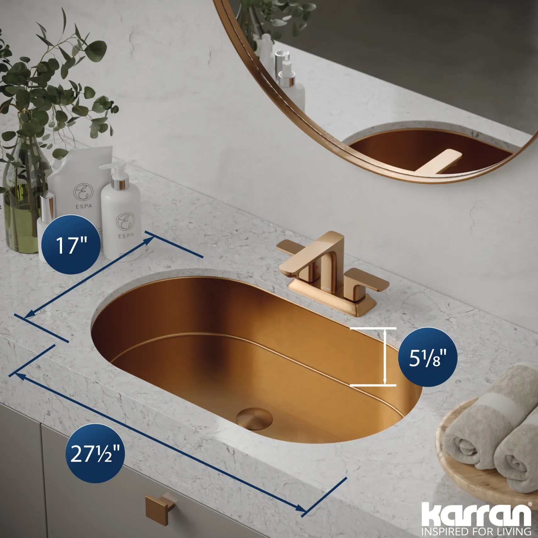 Karran Cinox 17" x 27.5" Oval Undermount Stainless Steel Bathroom Sink, Brushed Copper, 16 Gauge, CCU200BC