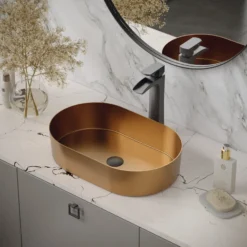Karran Cinox 13.75" x 21.625" Oval Vessel Stainless Steel Bathroom Sink, Brushed Copper, 16 Gauge, CCV400BC