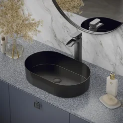 Karran Cinox 13.75" x 21.625" Oval Vessel Stainless Steel Bathroom Sink, Gunmetal Grey, 16 Gauge, CCV400GG