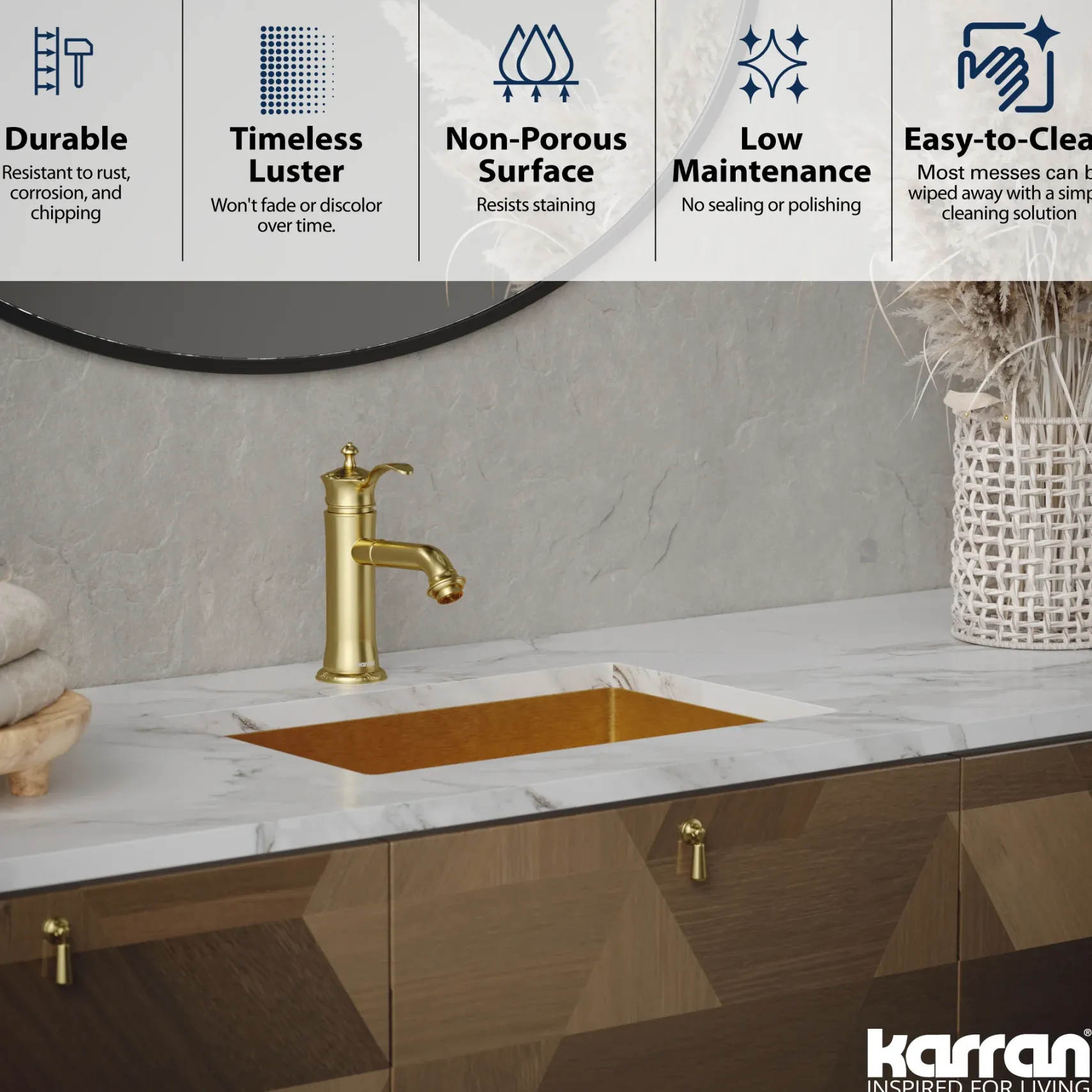 Karran Cinox 15" x 21.625" Rectangular Undermount Stainless Steel Bathroom Sink, Gold, 16 Gauge, CCU300G