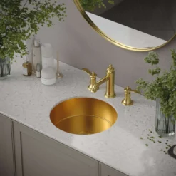 Karran Cinox 15.75" x 15.75" Round Undermount Stainless Steel Bathroom Sink, Gold, 16 Gauge, CCU100G