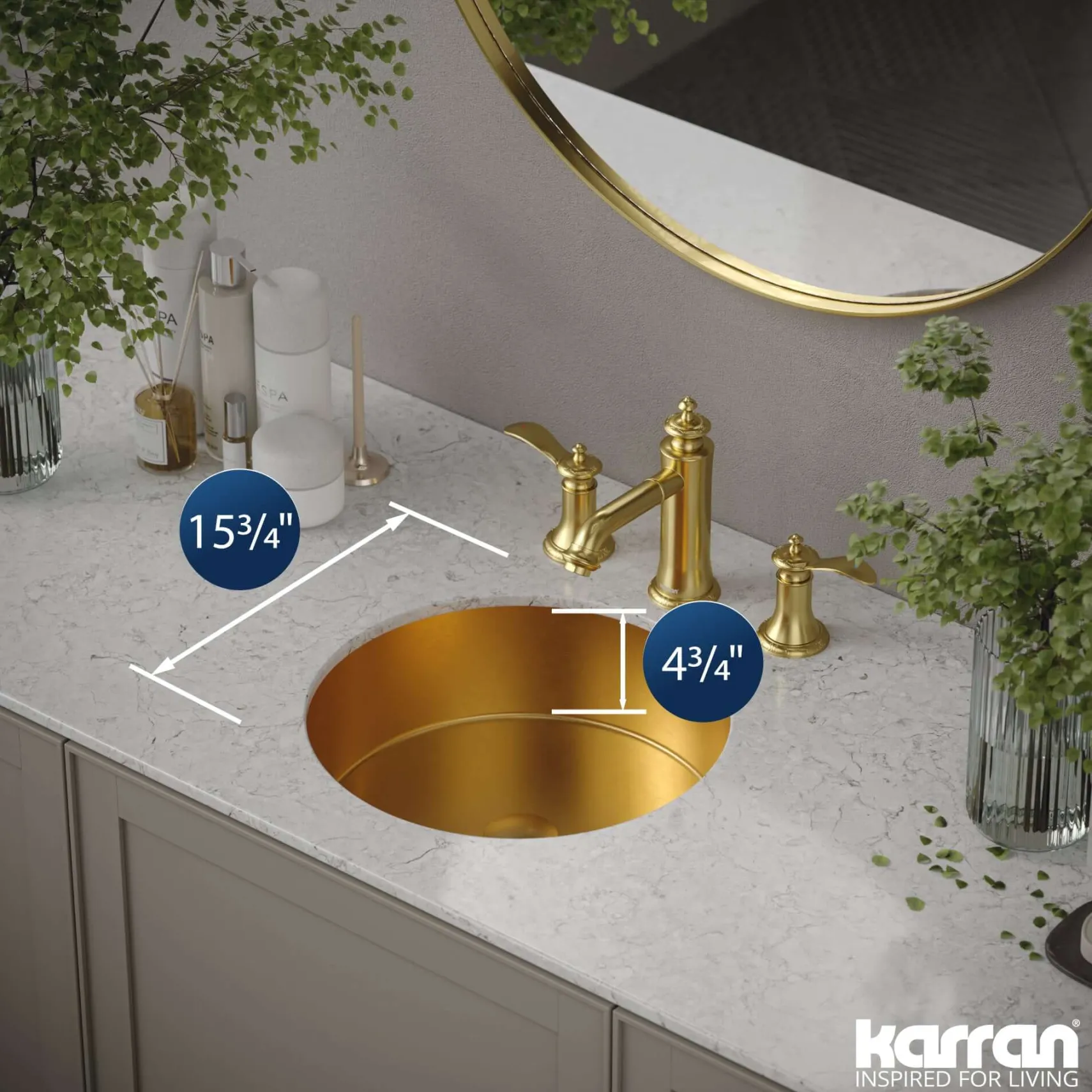 Karran Cinox 15.75" x 15.75" Round Undermount Stainless Steel Bathroom Sink, Gold, 16 Gauge, CCU100G