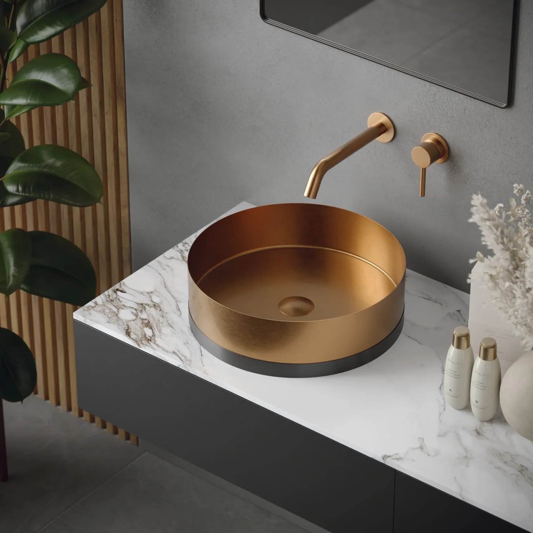 Karran Cinox 15.75" x 15.75" Round Vessel Stainless Steel Bathroom Sink, Brushed Copper and Gunmetal Grey, 16 Gauge, CCV300BC