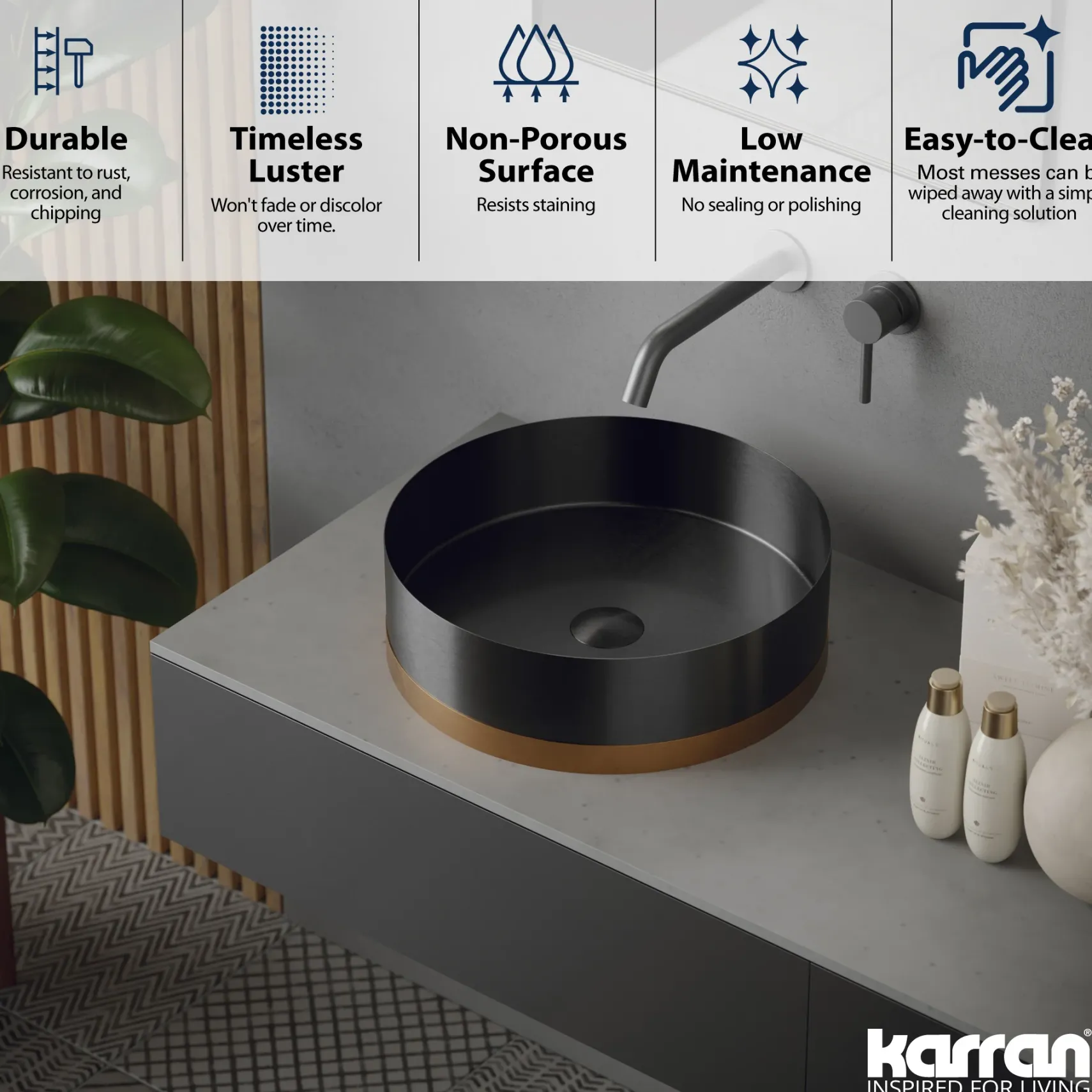 Karran Cinox 15.75" x 15.75" Round Vessel Stainless Steel Bathroom Sink, Gunmetal Grey and Brushed Copper, 16 Gauge, CCV350BC