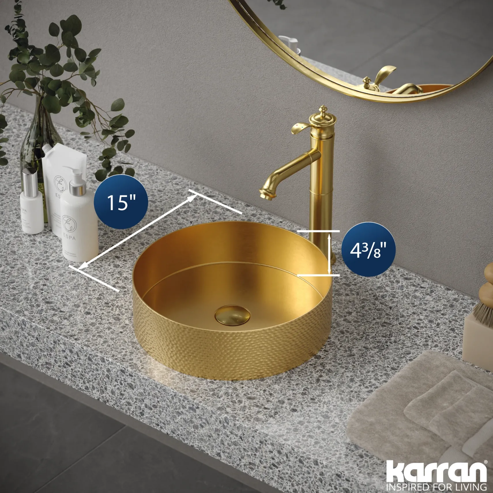 Karran Cinox 15" x 15" Round Vessel Stainless Steel Bathroom Sink, Gold, 16 Gauge, CCV100G