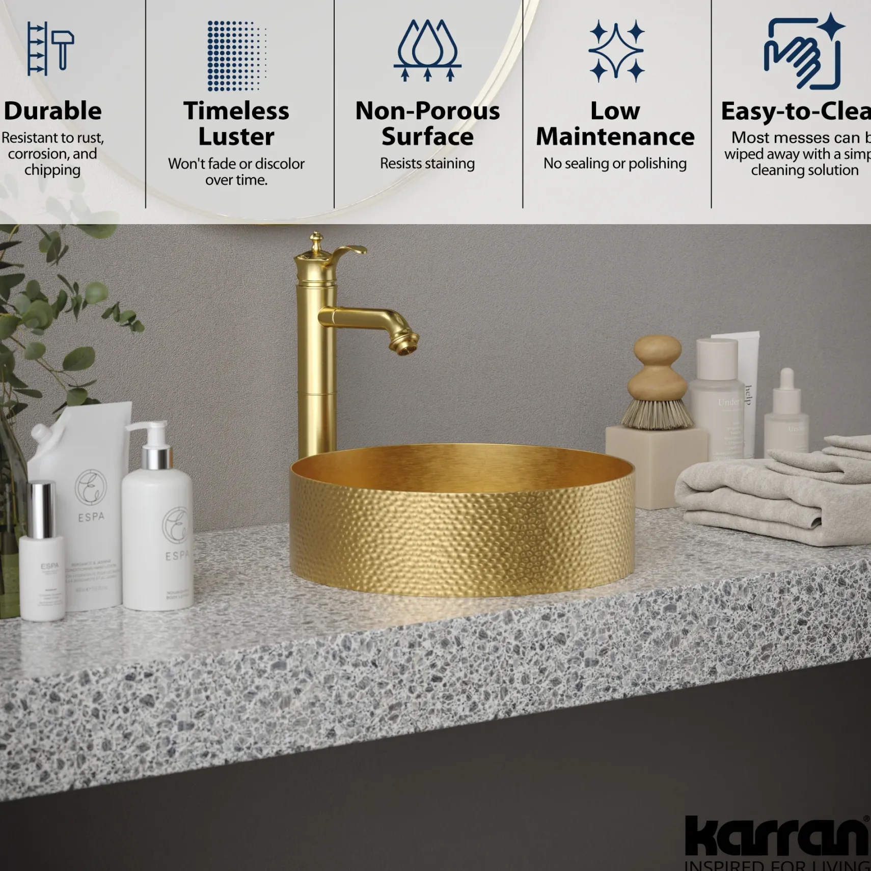 Karran Cinox 15" x 15" Round Vessel Stainless Steel Bathroom Sink, Gold, 16 Gauge, CCV100G