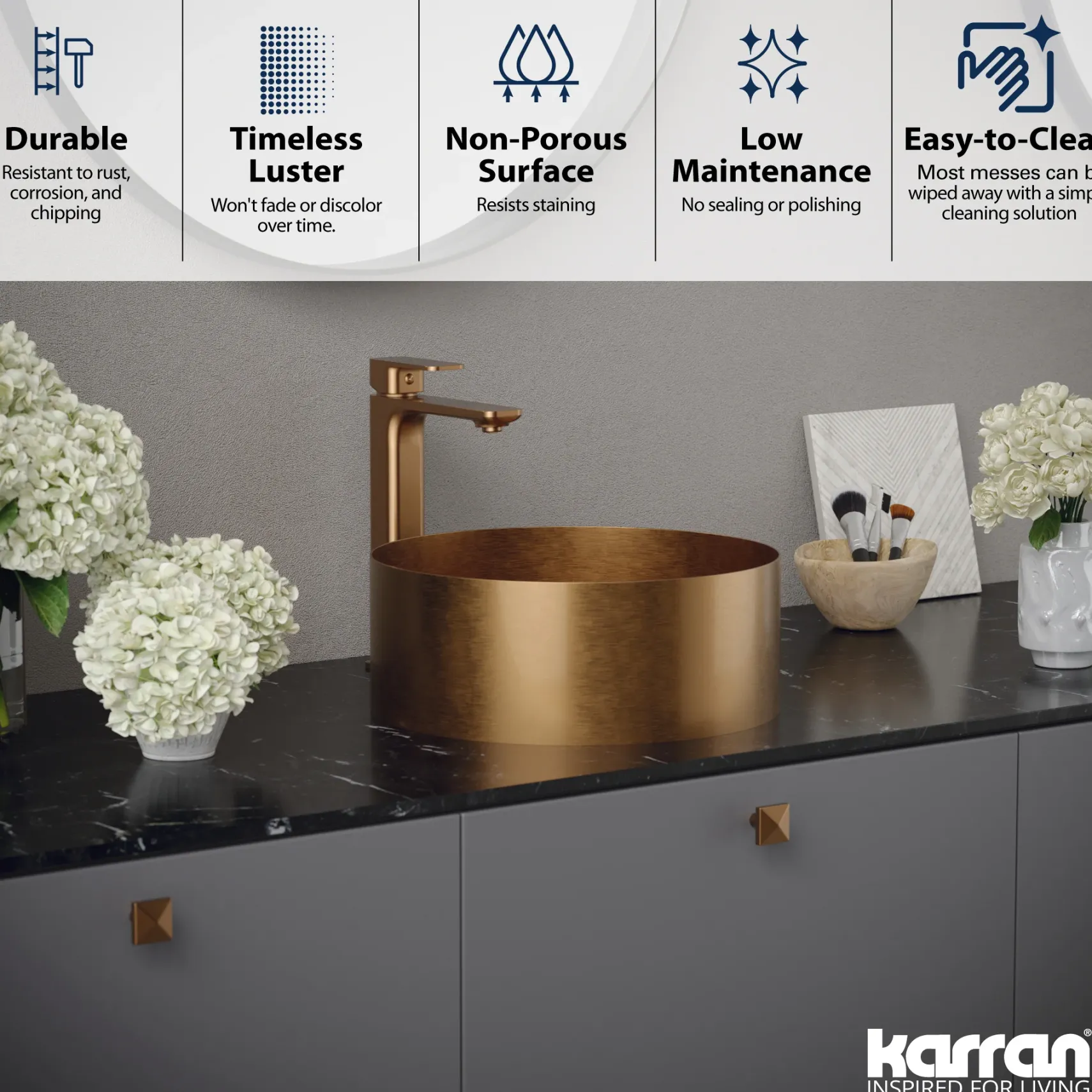 Karran Cinox 14.25" x 14.25" Round Vessel Stainless Steel Bathroom Sink, Brushed Copper, 16 Gauge, CCV200BC