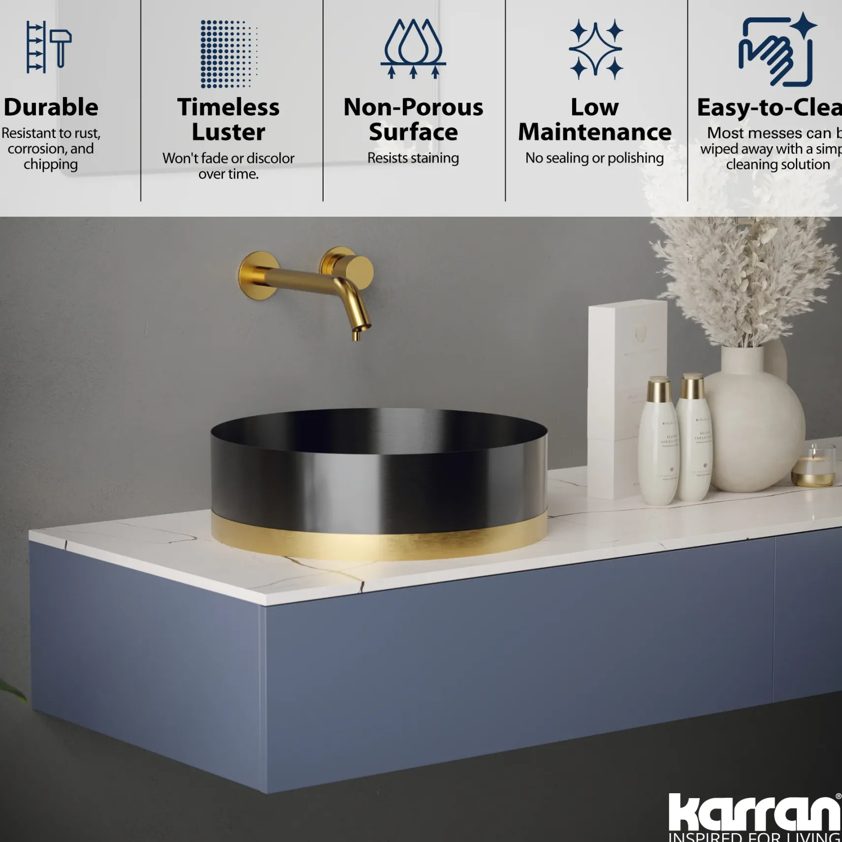 Karran Cinox 15.75" x 15.75" Round Vessel Stainless Steel Bathroom Sink, Gunmetal Grey and Gold, 16 Gauge, CCV350G
