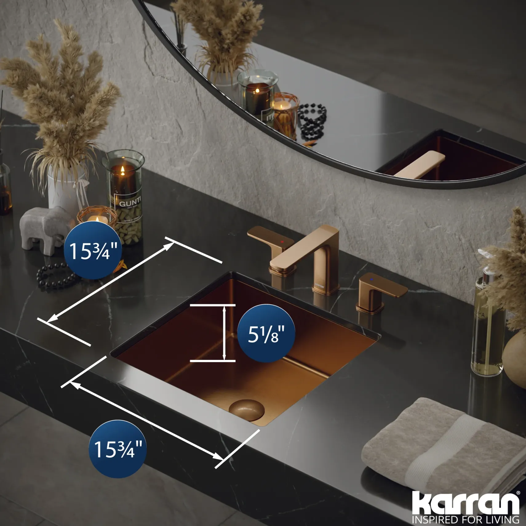 Karran Cinox 15.75" x 15.75" Square Undermount Stainless Steel Bathroom Sink, Brushed Copper, 16 Gauge, CCU500BC