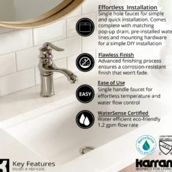 Karran Dartford 1.2 GPM Single Lever Handle Lead-free Brass ADA Bathroom Faucet, Basin, Chrome, KBF430C