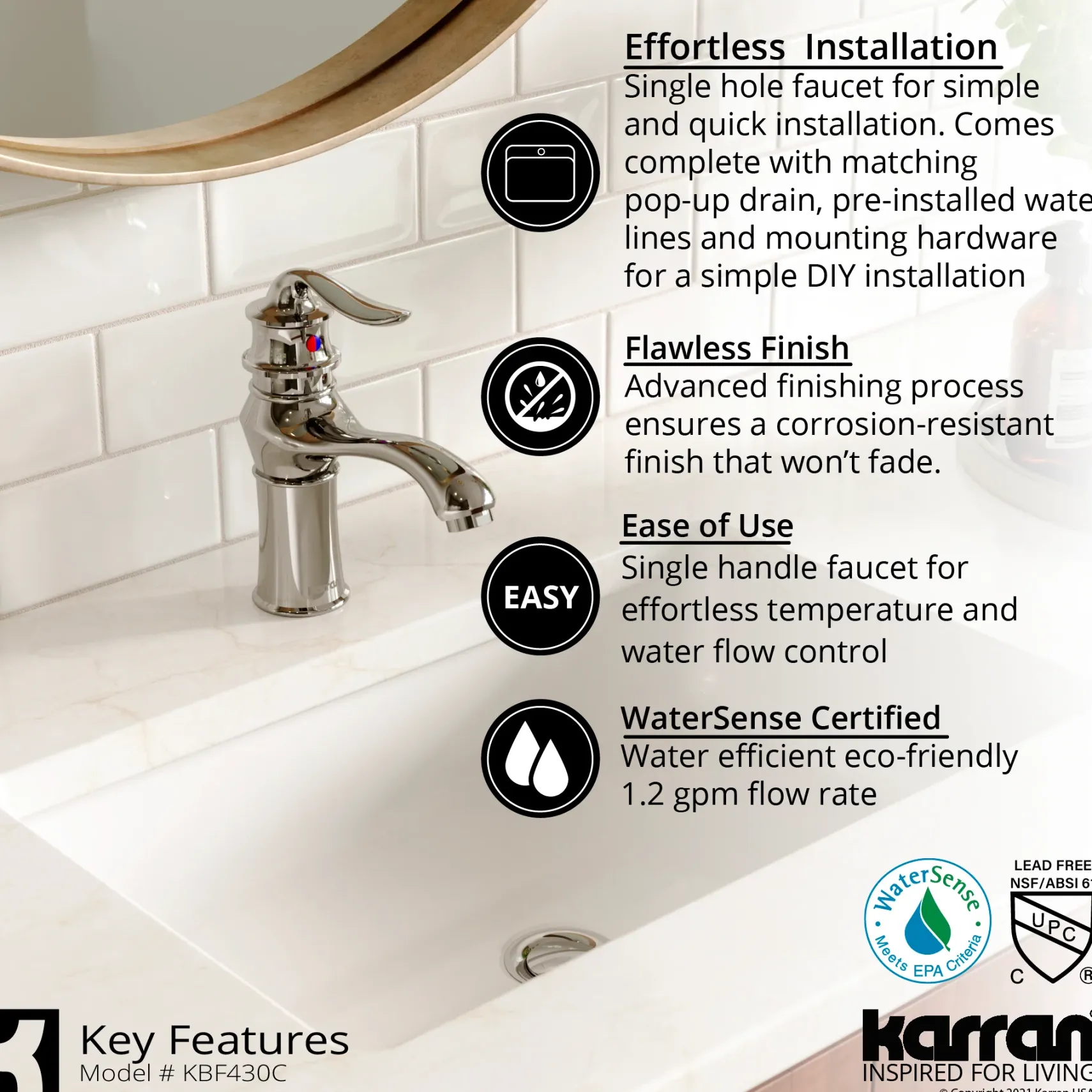 Karran Dartford 1.2 GPM Single Lever Handle Lead-free Brass ADA Bathroom Faucet, Basin, Chrome, KBF430C