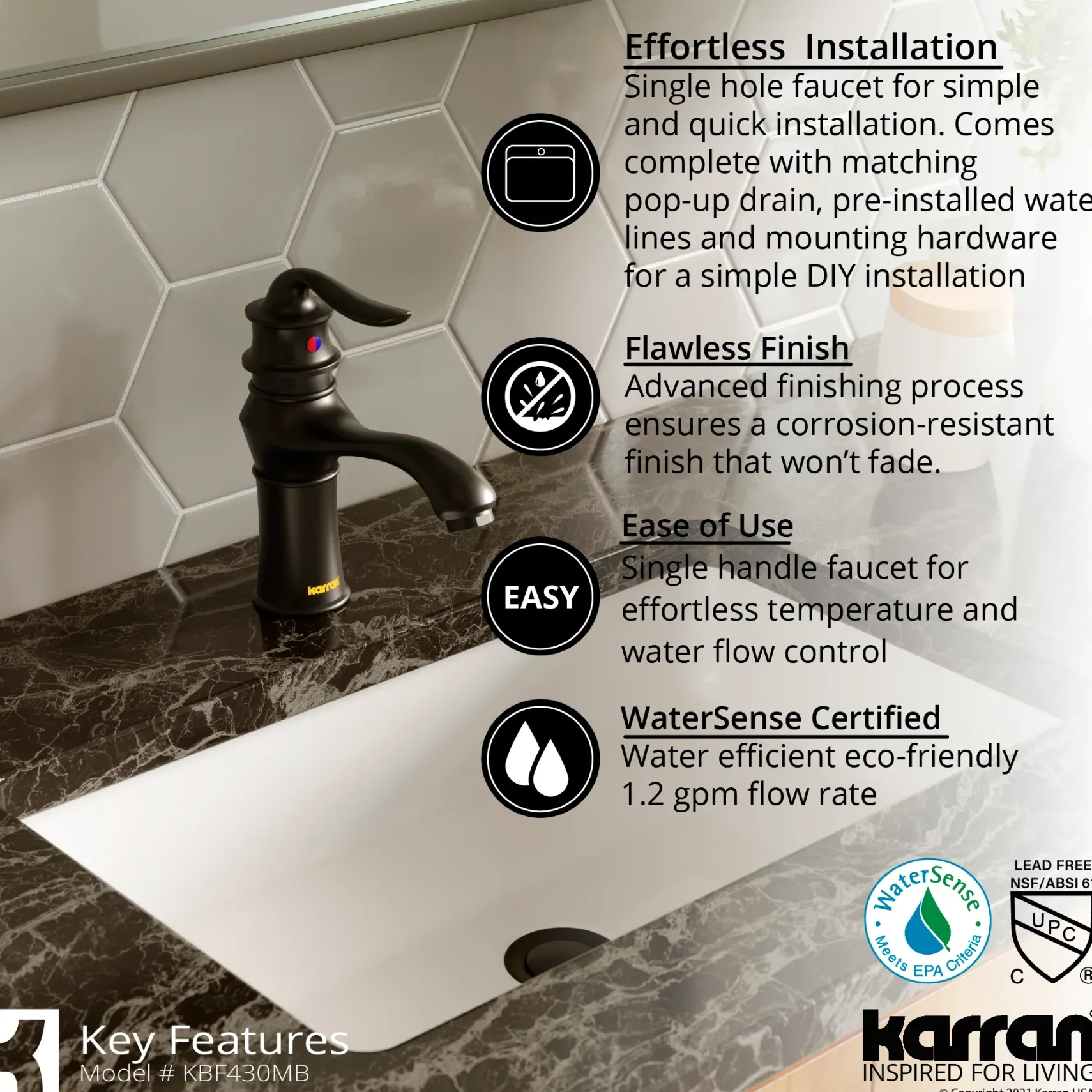 Karran Dartford 1.2 GPM Single Lever Handle Lead-free Brass ADA Bathroom Faucet, Basin, Matte Black, KBF430MB