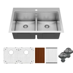 Karran Elite Workstation 33" Drop In/Topmount Stainless Steel Workstation Kitchen Sink with Accessories, 50/50 Double Bowl, 16 Gauge, WST-28-PK1