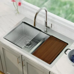 Karran Elite Workstation 33" Drop In/Topmount Stainless Steel Workstation Kitchen Sink with Accessories, 50/50 Double Bowl, 16 Gauge, WST-28-PK1