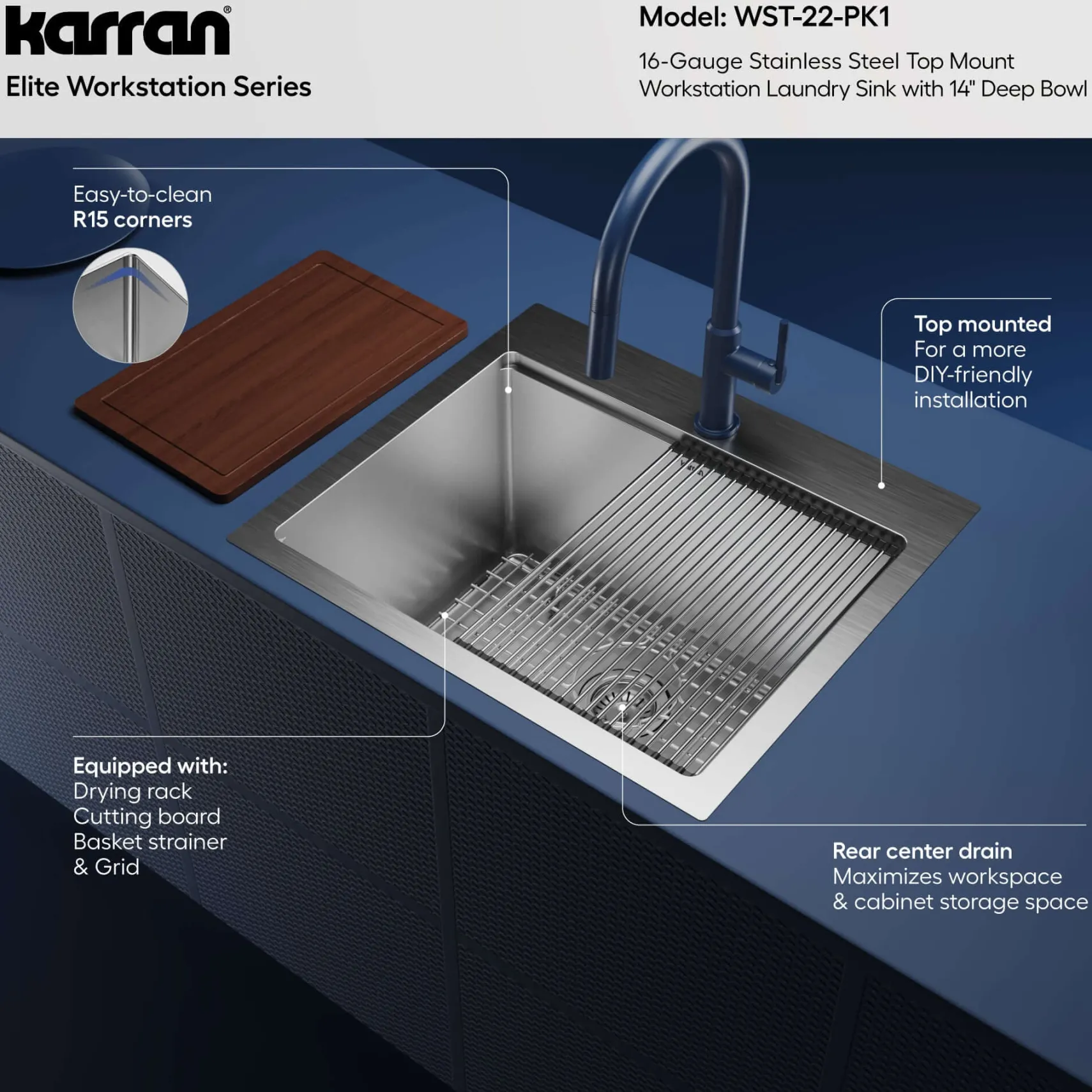 Karran Elite Workstation 25" Drop In/Topmount Stainless Steel Workstation Kitchen Sink with Accessories, 16 Gauge, WST-22-PK1