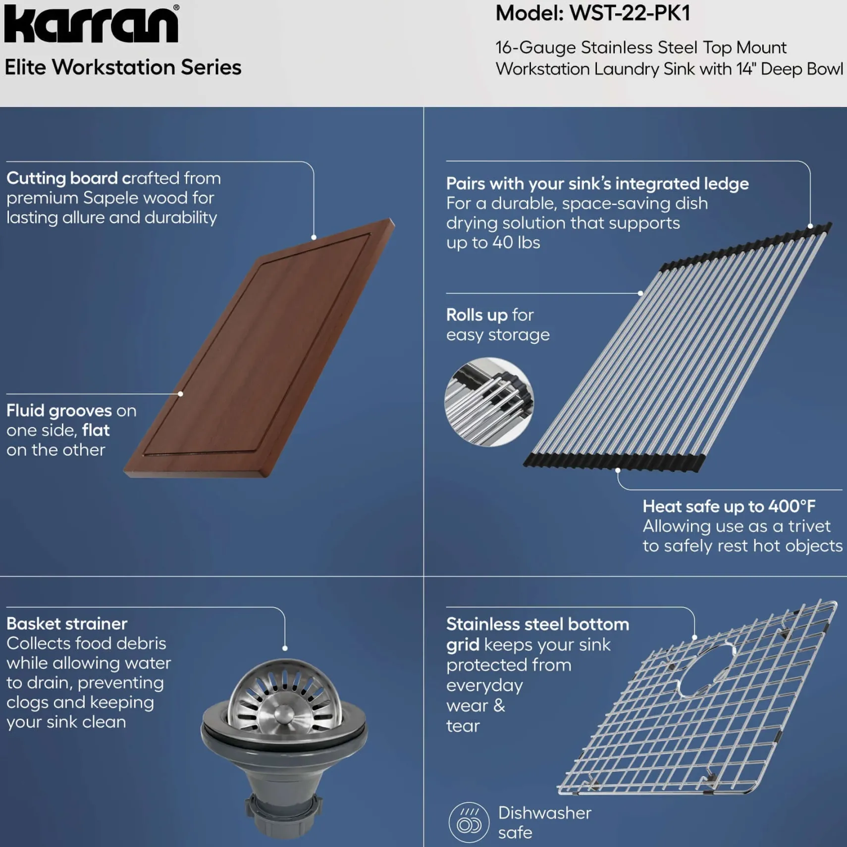 Karran Elite Workstation 25" Drop In/Topmount Stainless Steel Workstation Kitchen Sink with Accessories, 16 Gauge, WST-22-PK1